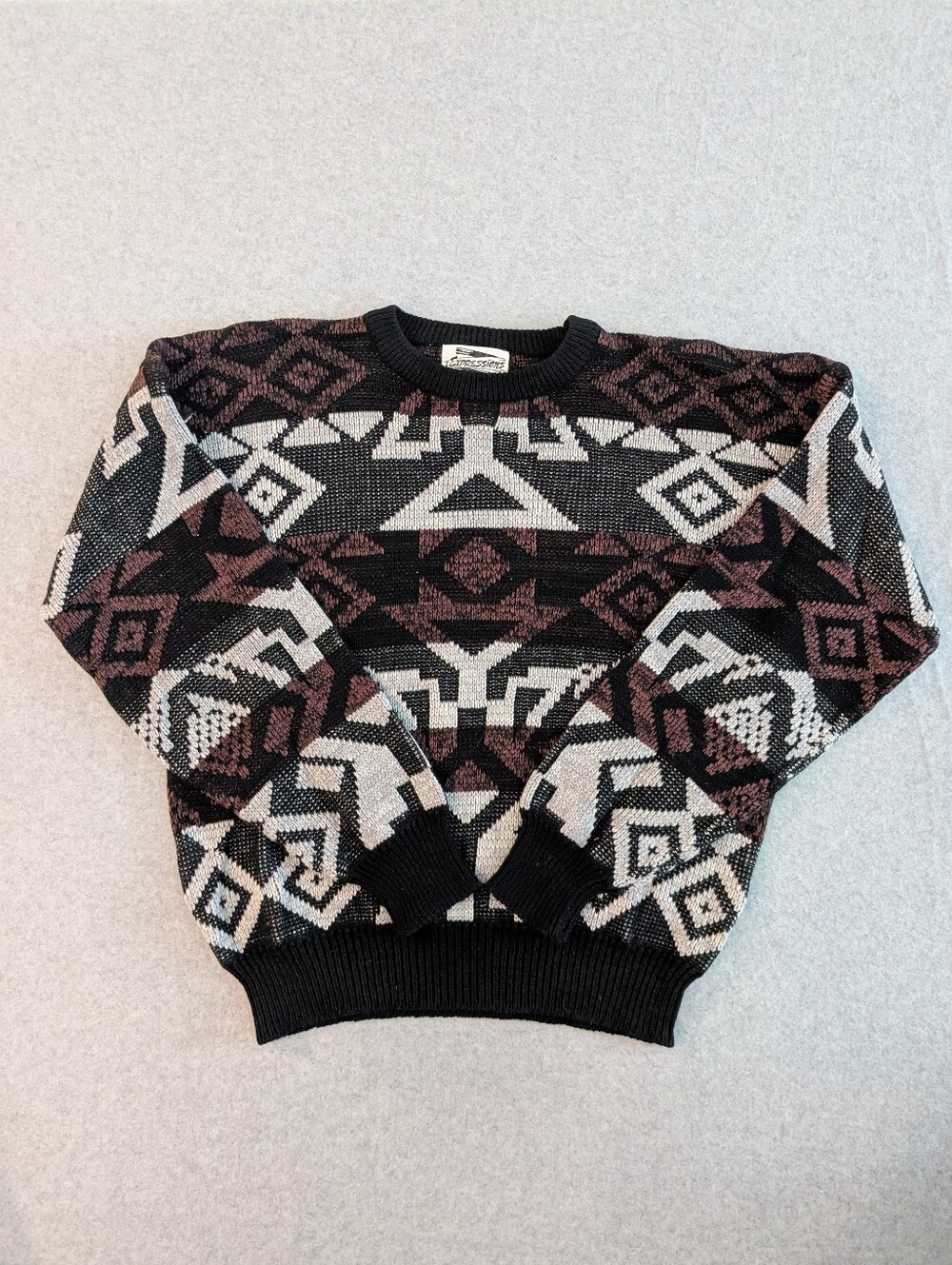 Vintage 90s Expressions L Geometric Stripe Knit Sweater Brown Cream Crew Grandpa